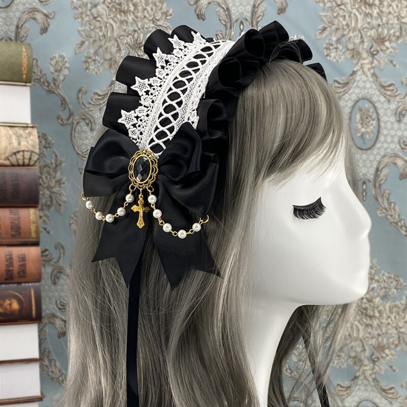 Serre-tête Lolita en dentelle pour femme de chambre, serre-tête en forme de fleur, accessoire pour cheveux, fait à la main: Black