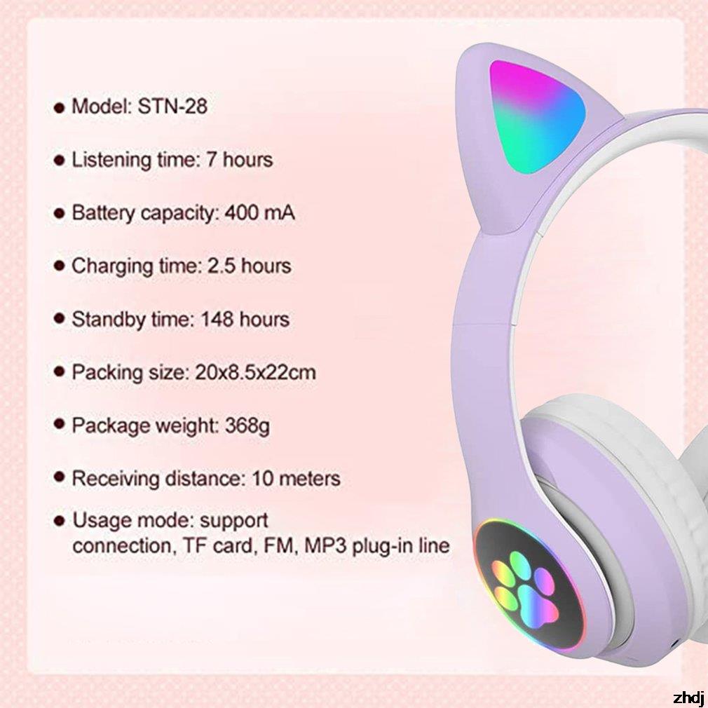 Cute Cat Ears Wireless Headphones RGB Gaming Headset With Microphone Noise Cancelling LED Earphones Stereo Music Children's