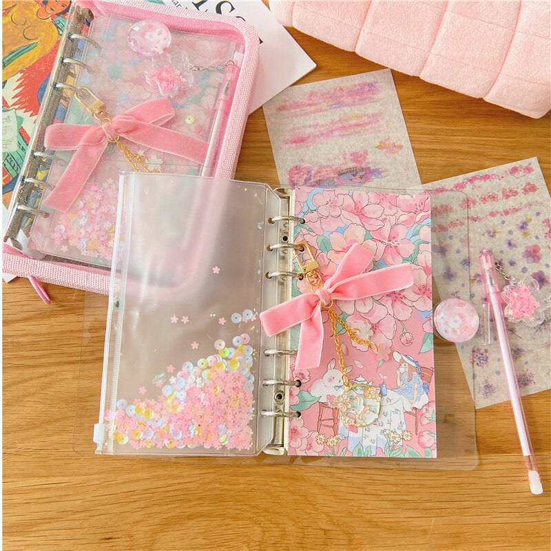 Kawaii Transparent A6 Sakura Zipper Binder Diary Notebook Set Journal Note Book Cherry Blossoms Binder Journals Book Stationery