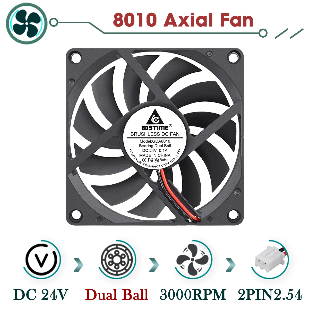 Gdstime 80mm Fan DC 5V 12V 24V 80x80x10MM Brushless Cooling Fan 8010 Double Ball Cooler 8CM Axial Fan for PC Case CPU Cooling: Red / black