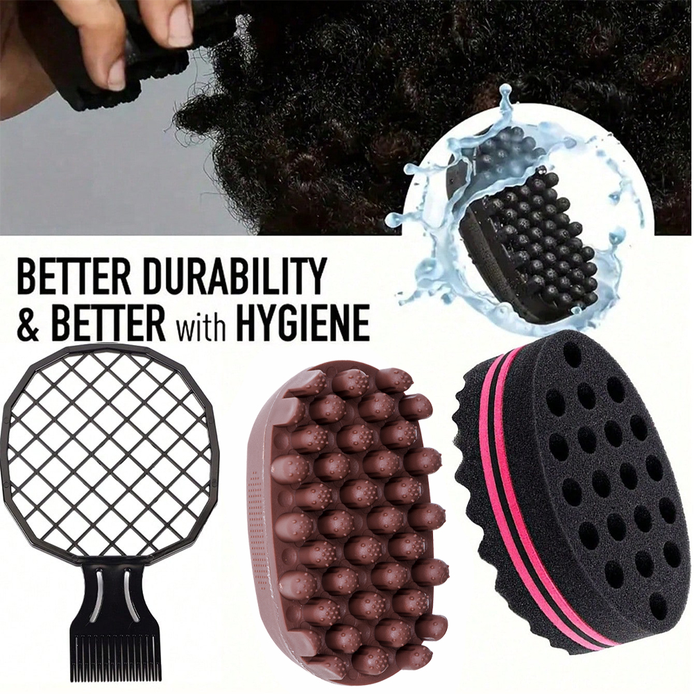 3pcs Big Holes Magic Sponge Brush Silicone Brush for Wave, Coils, and Afro Hair - Hair Care Tool for Men and Women, Hair Brushes: Red