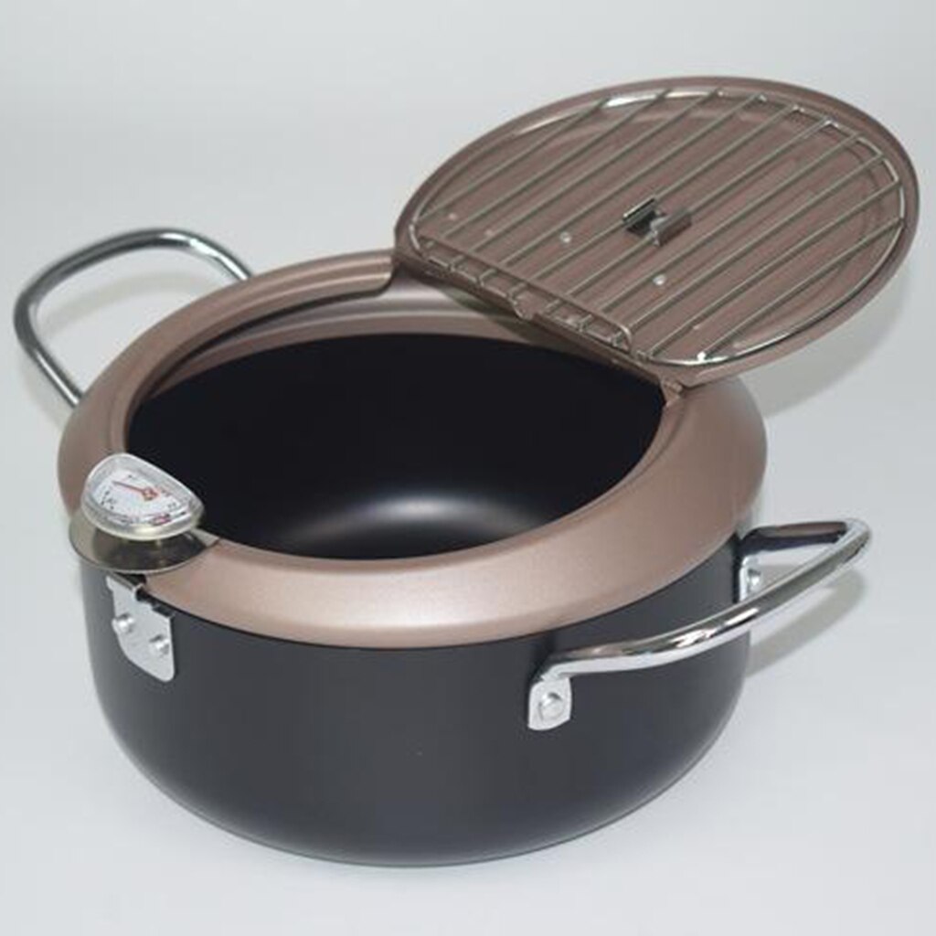 2 griff Pfanne mit Thermometer Runde Friteuse Topf Abtropffläche Küche Kochen Pfanne für Heimat Ourdoor Camping Party BBQ