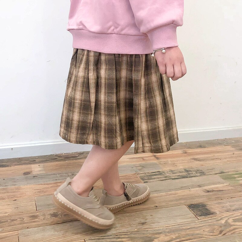 Børnetøj bomuld plaid halv nederdel forår skotsk knap lange nederdele piger plisseret bomuld spædbørn tøj