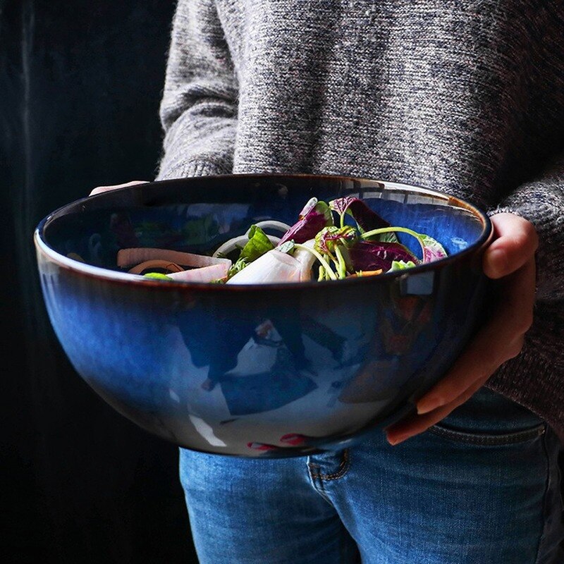 2400ml Super big salad bowl ceramic blue porcelain dropping bowl tableware deep bowl deep blue big capacity bowl