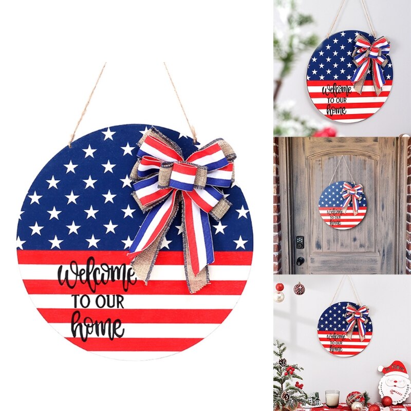 Our Home Sign Rustic Front Door Hanger Round Wooden Hanging Sign for Farmhouse Porch American Independence Day Decoration