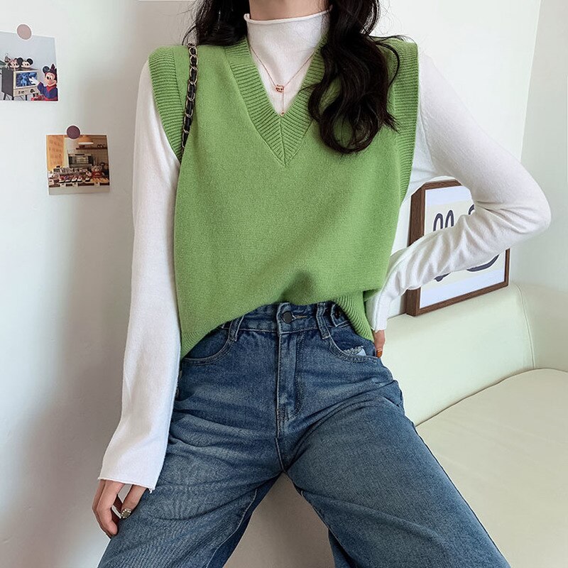 Sweater Vest Women V-neck Solid Knitted All-match Office Ladies Sleeveless Outwear Popular Soft Chic Leisure Korean