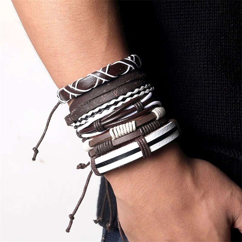 Wood Bead Male Multilayer Leather Bracelet Men Braided Rope Wrap Bracelets Bangles Pulseira Masculina Jewelry Pulsera: S336