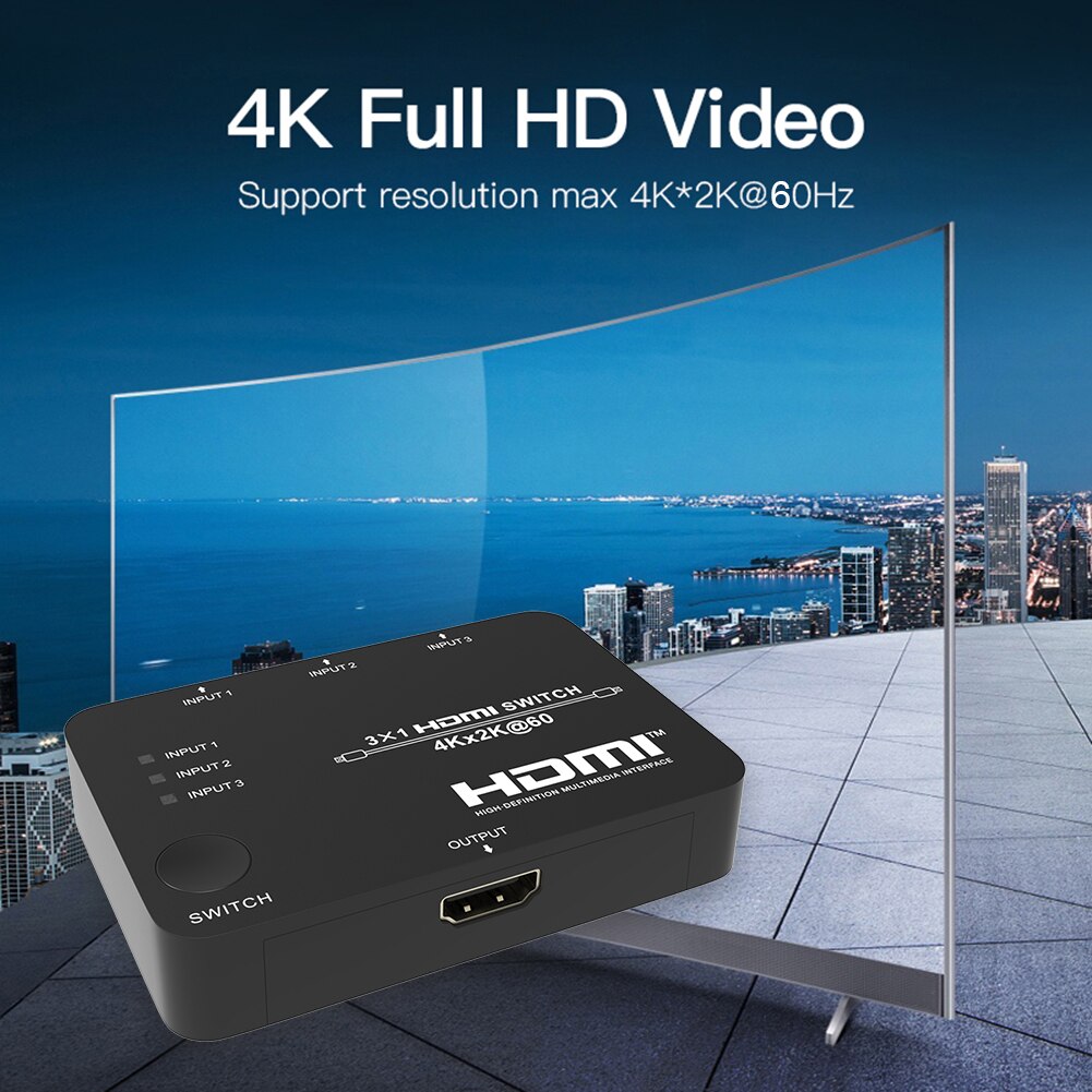 4K 2K 3x1 HDMI Switcher Splitter 3 in 1 out 1080P Video 3 Port Adapter Box HDMI Switcher Splitter Supports Ultra HD 4K 1080P