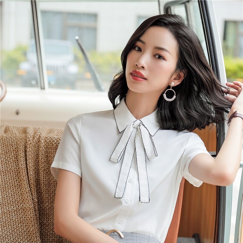 Wit Chiffon Blouses & Shirts Voor Vrouwen Business Werkkleding Zomer Korte Mouwen Vrouwelijke Tops Kleding Met Stropdas