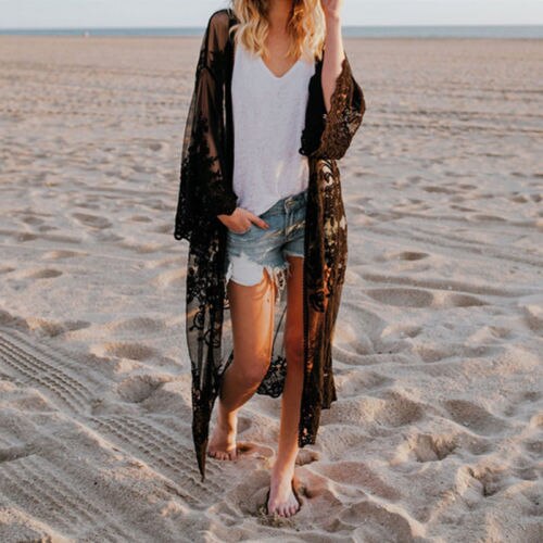 Vrouwen Beach Cover Up Beach Dress Chiffon Kant Kimono Cover Up Boho Casual Lange Mouw Vest Monokini Baden Kanten Jurk