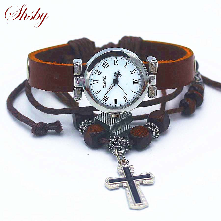 Shsby unisex ROMA vintage horloge lederen band armband horloges Religieuze cross vrouwen jurk horloges zilver vrouwelijke horloge