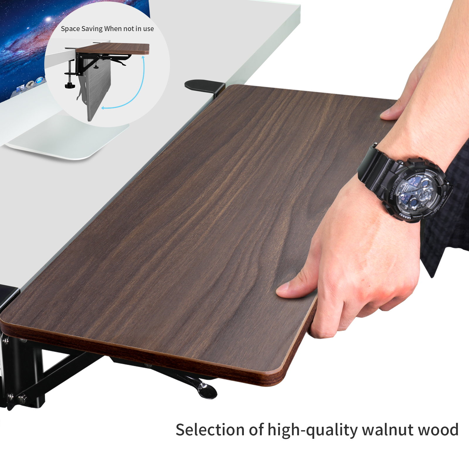 Walnut Wooden Desk Extender Ergonomic Large Space Foldable Structure Clamp- On Keyboard Tray Elbow Arm Support for Desk