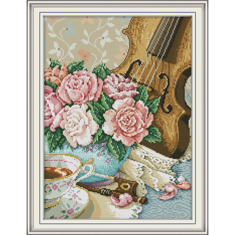 Rose and Violin Cross Stitch Kits DIY Floral Pattern 14CT 11CT Count Canvas Printed Embroidery Set Needlework Sewing Kit Crafts
