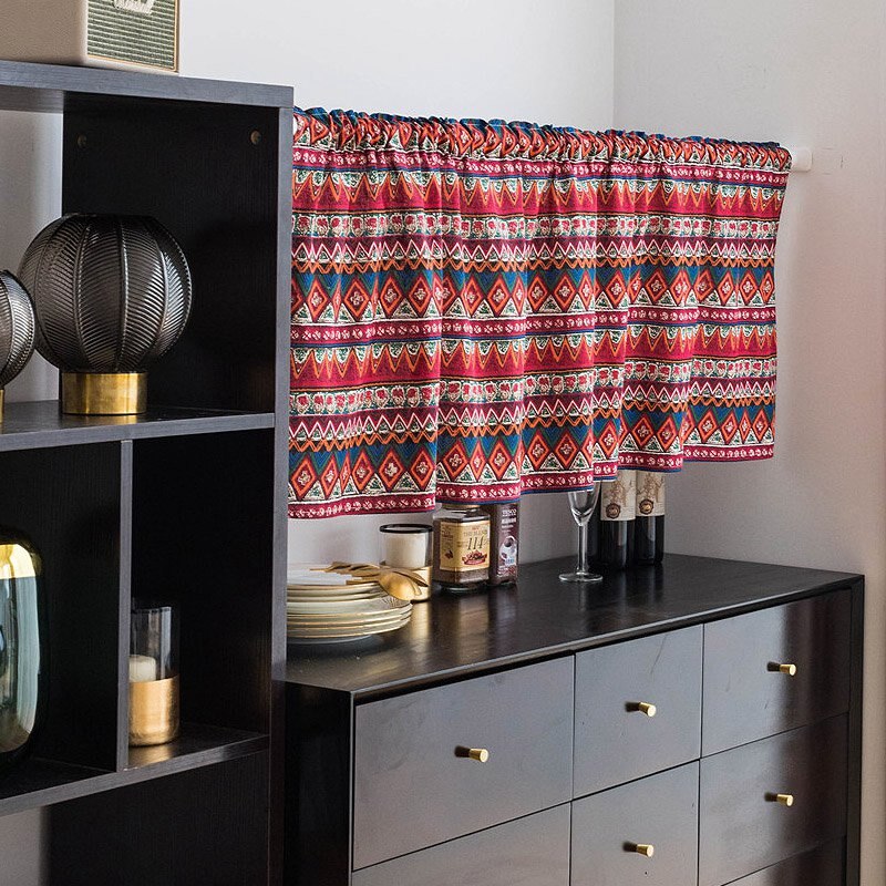 Hanging Short Curtain Floral Half-Curtain Plaid Window Drapes Polyester Half-Curtains for Kitchen Cafe Living Room Decoration