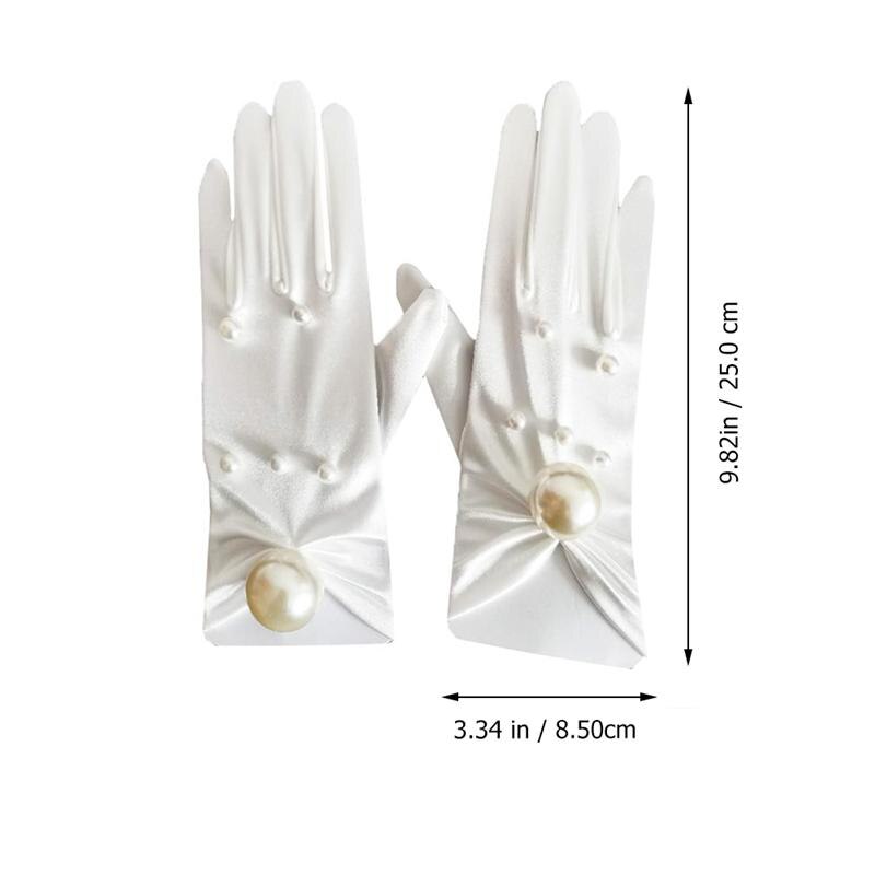 1 Pair Wedding Bridal Satin Gloves Imitation Pearl Inlaid Gloves for Lady White