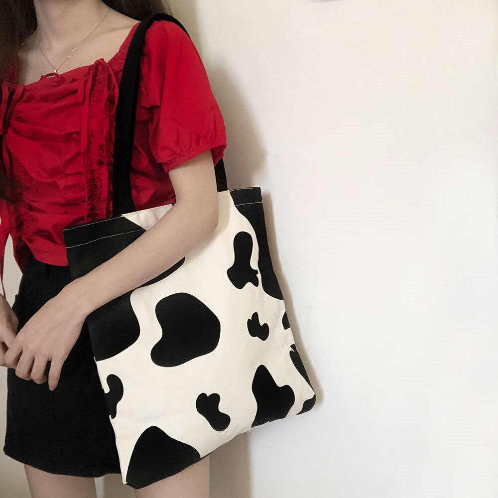 Mælkeko mønster kvinder lærred håndtasker koreanske damer genanvendelige indkøbstasker stor kapacitet elev bog skuldertaske