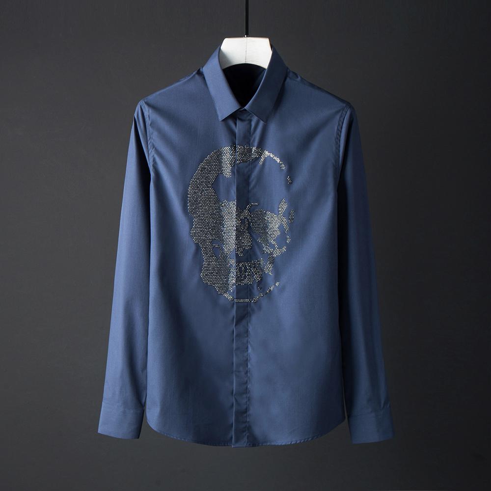 Enfärgade herrskjortor lyxiga kristalldiamantskalle långärmade herrskjortor slim fit fritidsskjortor plus storlek 4xl: Blå / 4xl