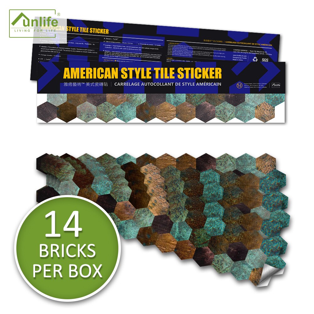 Funlife® AMERICAN STYLE™14pcs Hexagon Copper Metal Backsplash Waterproof Tile Stickers Floor Makeover Sticker furniture Bathroom