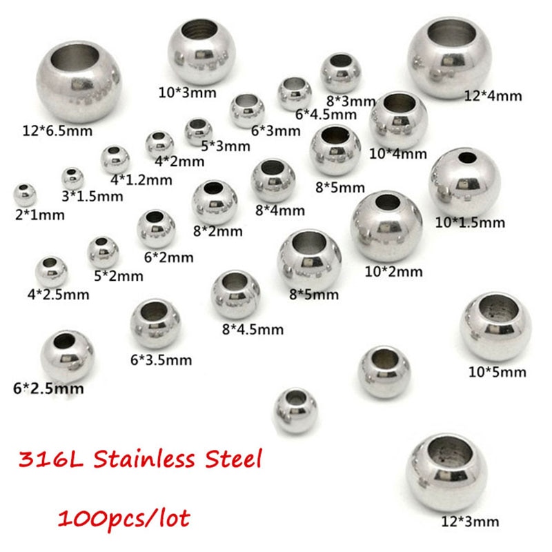 100 Stück 2 mm-12 mm 316L Edelstahlperlen Europäische Kugel Metall Großes See Abstandshalter Perlen für Schmuckherstellung Diy Armbinde Halskette