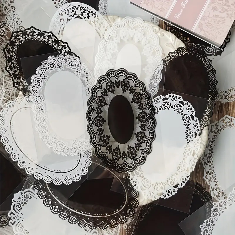 30 pièces, Style Vintage noir et blanc dentelle autocollants livre bricolage Journal indésirable Journal décoration Collage PET autocollant Album Scrapbooking