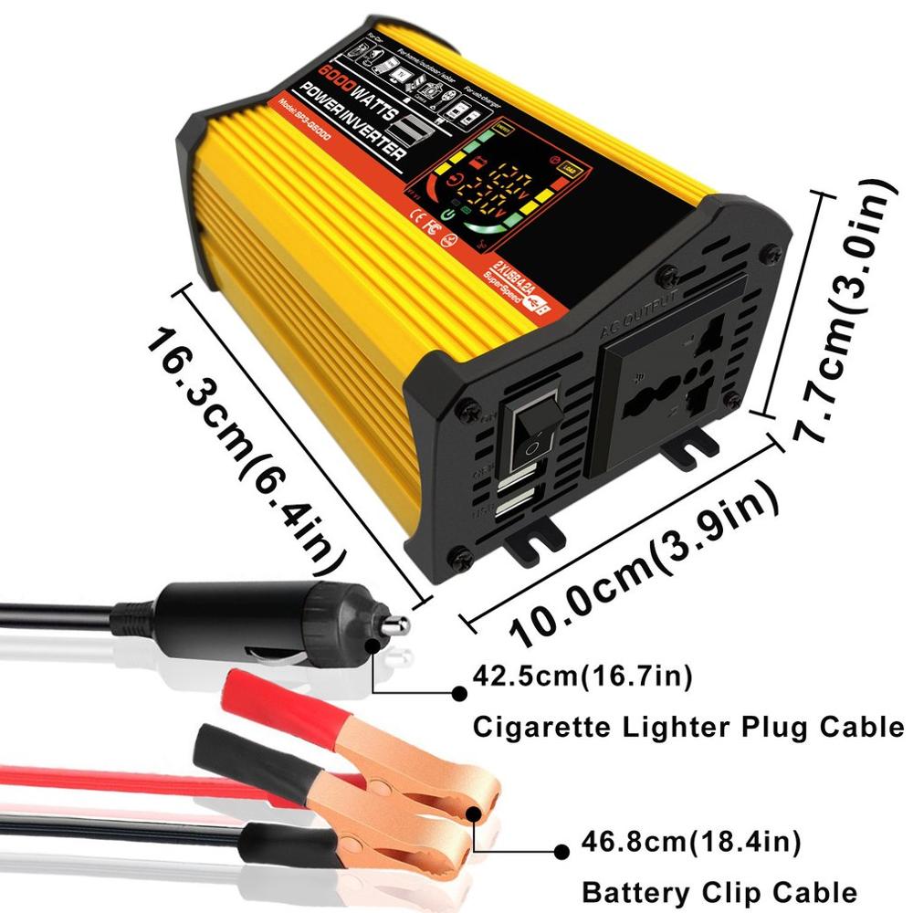 6000w dual usb smart skjerm bil strøm omformer adapter adapter 12v to 220v/110v spenning transformator modifisert sinusbølge