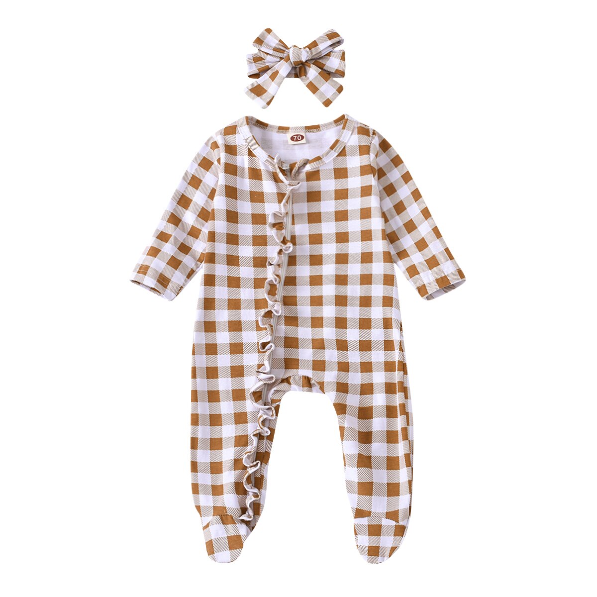 Herfst Mooie Baby Jongen Meisje Romepr Jumpsuit Set Lange Mouw Ronde Hals Falbala Rand Check Patroon Lange Broek Met Boog haarband: YELLOW / 6m