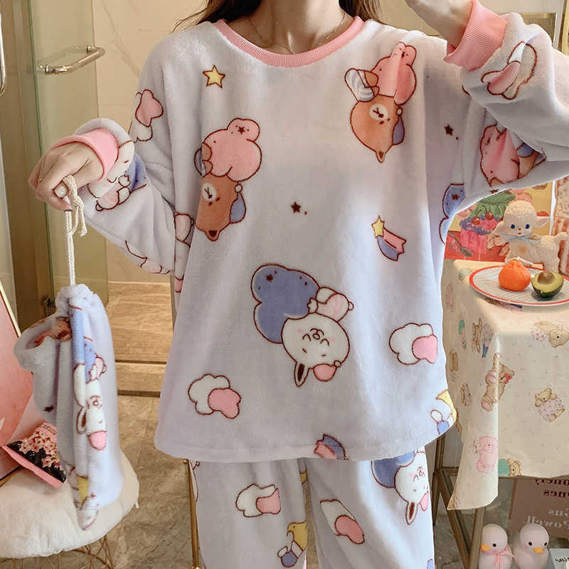 Xizou winter dames pyjama's dikke flanellen pyjama sets print dikke warme pyjama mujer meisje nachthemd lange broek nachtkleding