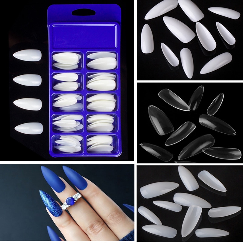 100pcs/set Long Clear Almond Nail Tips Acrylic Stiletto False Nails Full Cover False Nails Artificial Press on Nails for Women