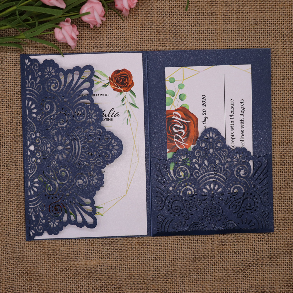 50pcs/pack 250gsm Shiny Pearl Paper Wedding Invitation Card Cover Carved Invitations Birthday Baptism Festival Party Favor Cards: Dark blue