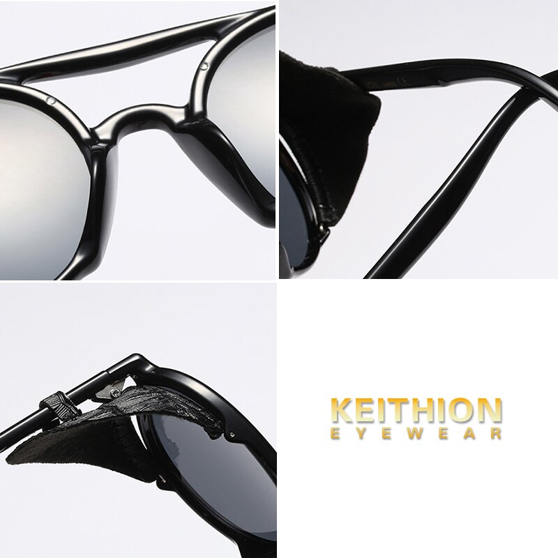 KEITHION Steampunk Men Sunglasses With Side Shields Summer Style Leather Round Sun Glasses Women Retro UV400