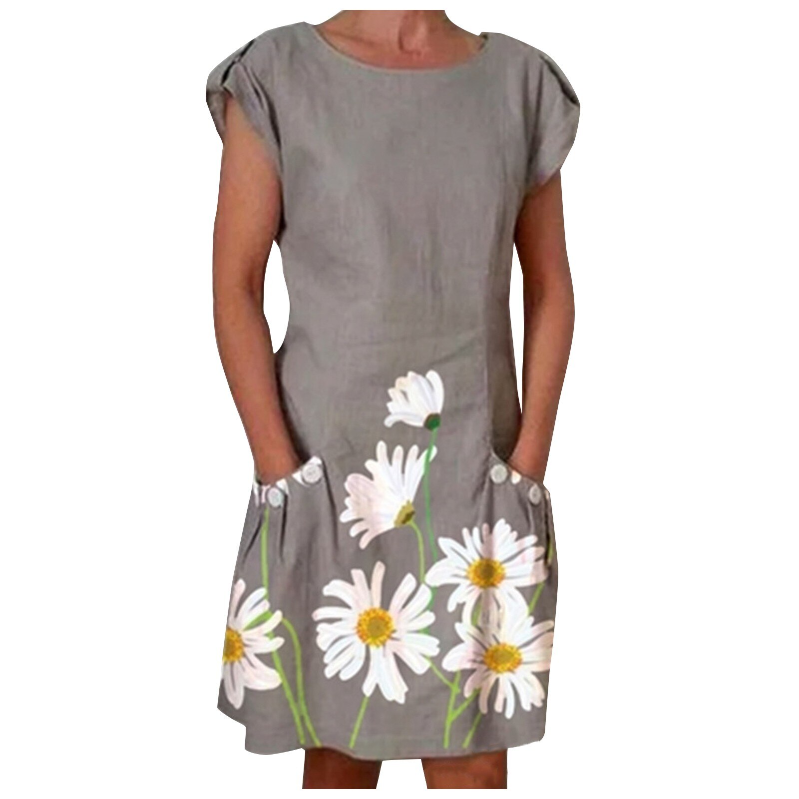 4# Casual Sunflower Print Dresses Cotton Linen Sum... - Vicedeal