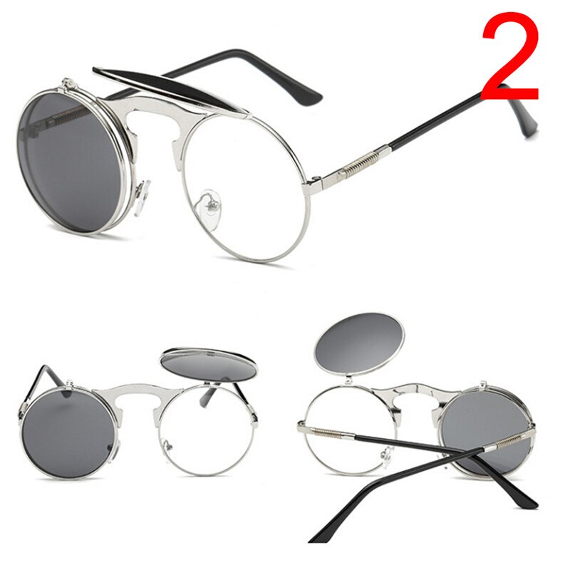 Retro Round Steampunk Flip Up Sunglass Women Mens Clip On Sunglasses Metal Punk Sun Glasses Male: 2