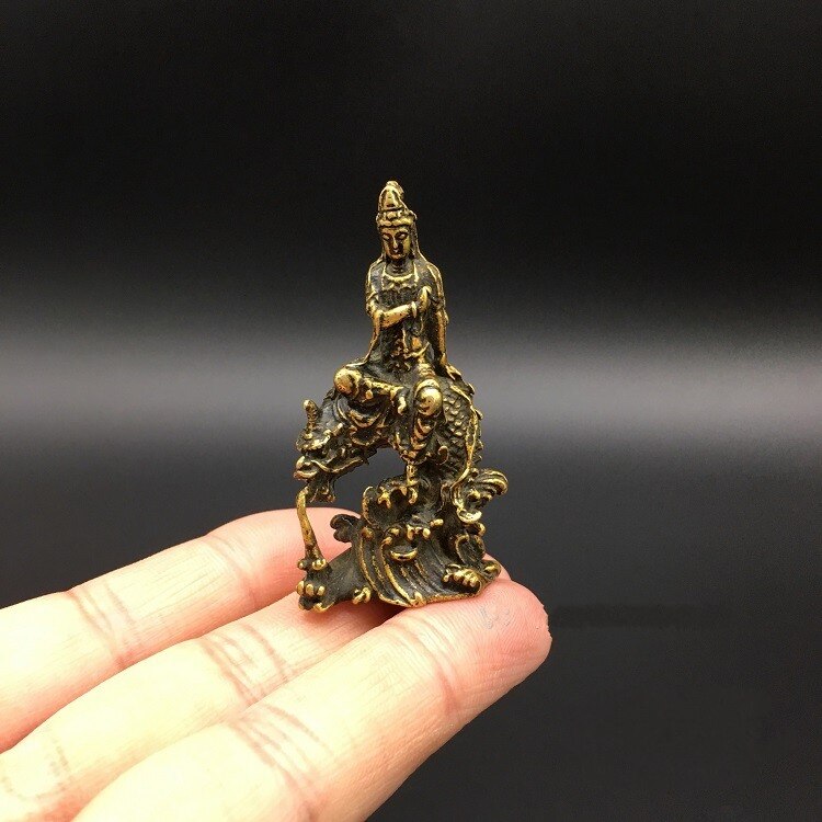 Collection Chinese Brass Carved Guan Yin Kwan-yin Bodhisattva Riding Dragon Buddha Statue Exquisite Small Statues