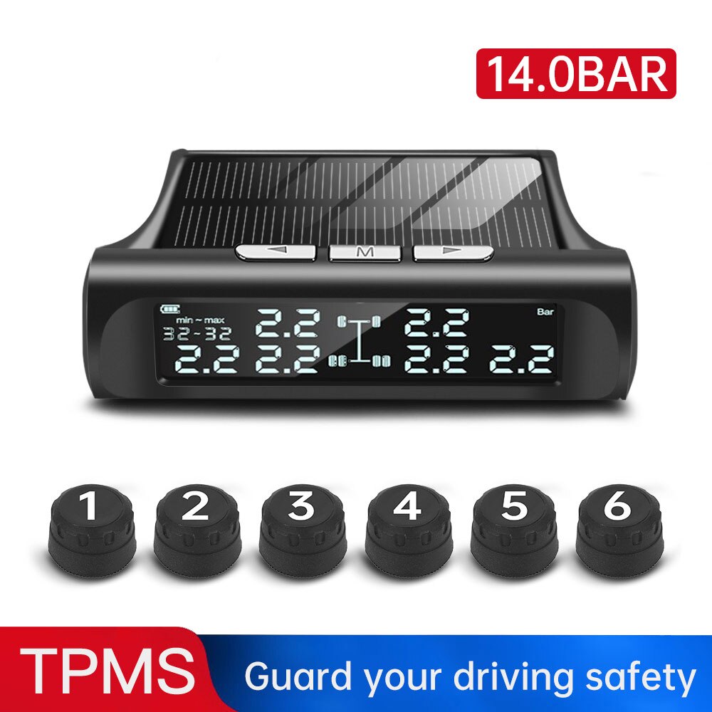 Auto Vrachtwagen Bandenspanningscontrolesysteem 14 Bar Lcd-scherm Vrachtwagen Tpms Solar Bandenspanning Real-Time Alarm 6pcs Externe Sensor
