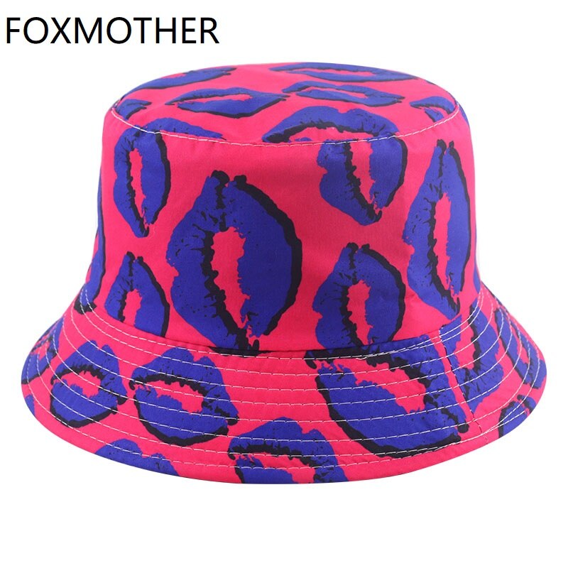 Foxmother Mode Blauw Roze Lippen Afdrukken Emmer Hoeden Visser Caps Voor Vrouwen Gorras