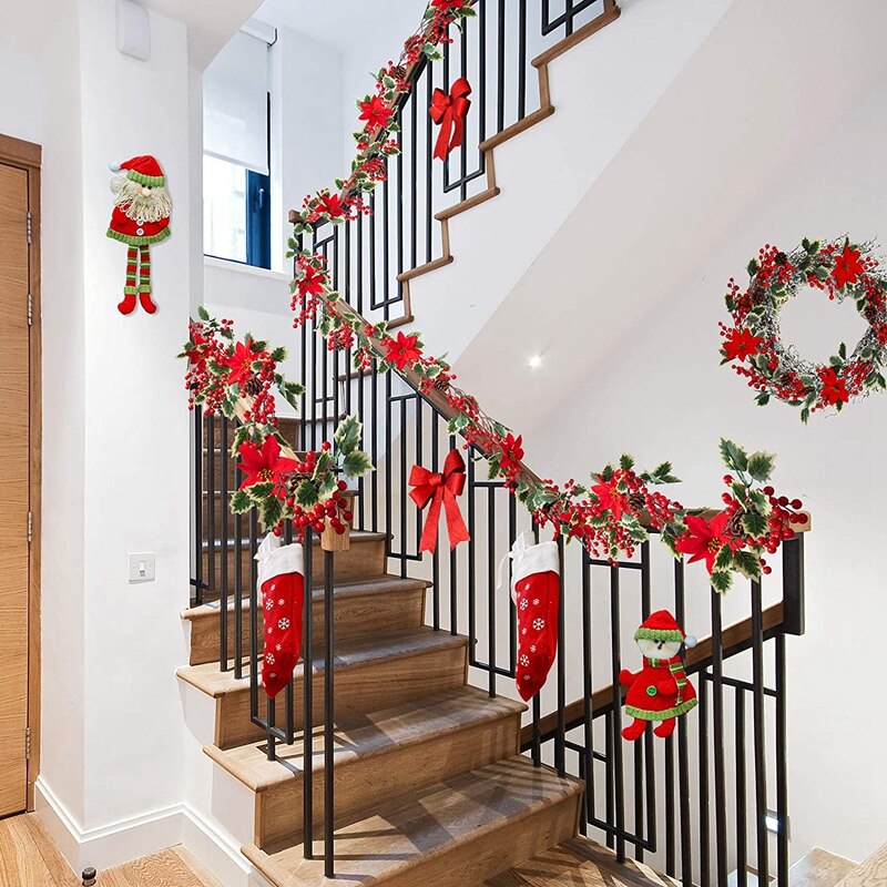 6.3FT Red Berry Christmas Garland, Artificial Poinsettia Garland,Christmas Berry Garland with Pine Cones