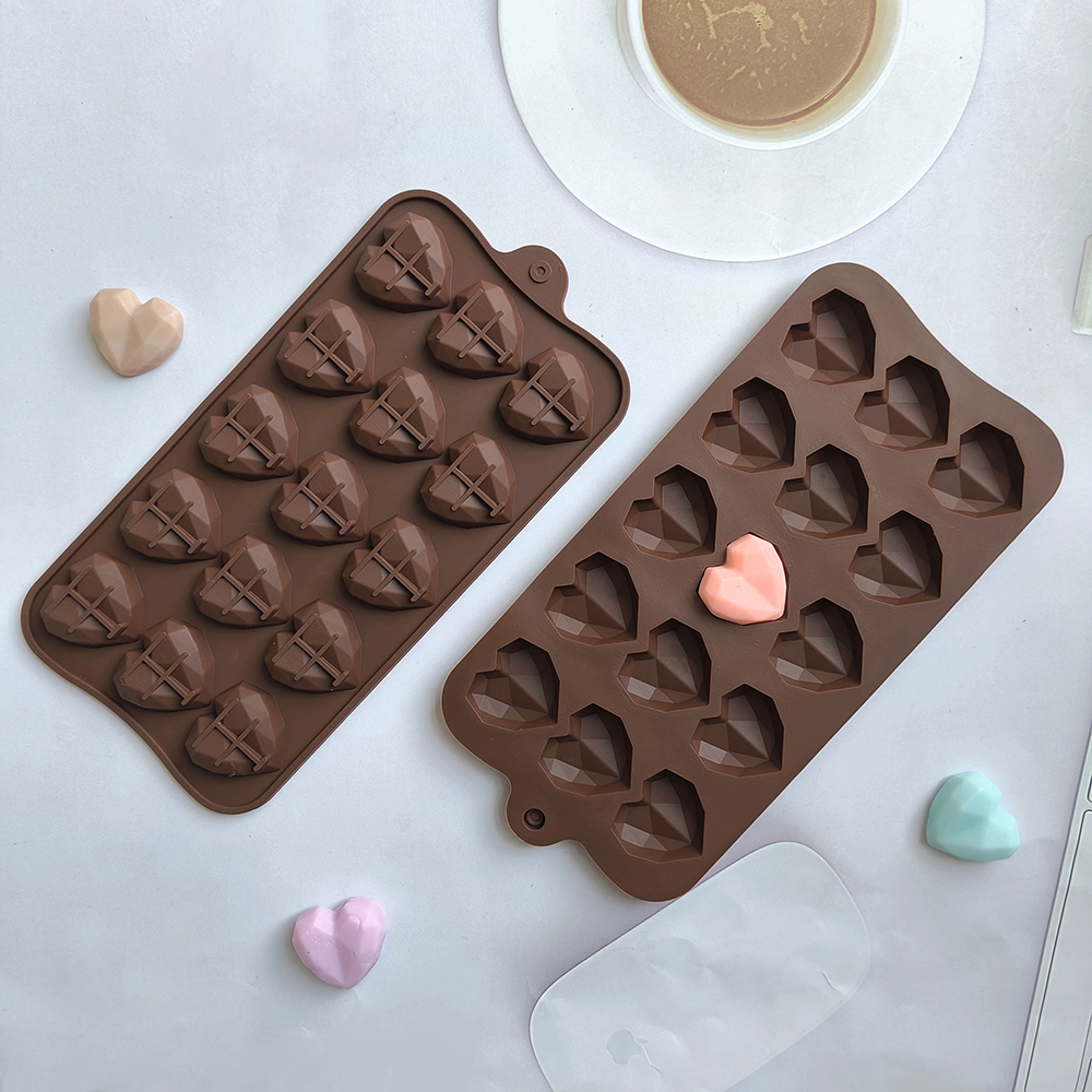 Moule à chocolat en Silicone en forme de cœur, diamant à 15 cavités, fait à la main, pour biscuits, bonbons, gelée, laque, cire, particules, 1 pièce