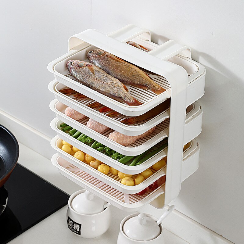 Kitchen side dish plate multi-layer superimposed vegetable plate household countertop space-saving wall-mounted rack plate sets: white  6  drain