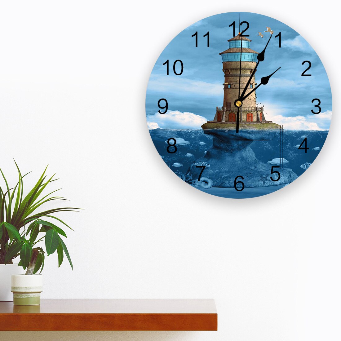 Sea Blue Lighthouse Coral Fish PVC Wall Clock Wall Digital Clock Home Decor Wall Clock Modern Living Room Decor