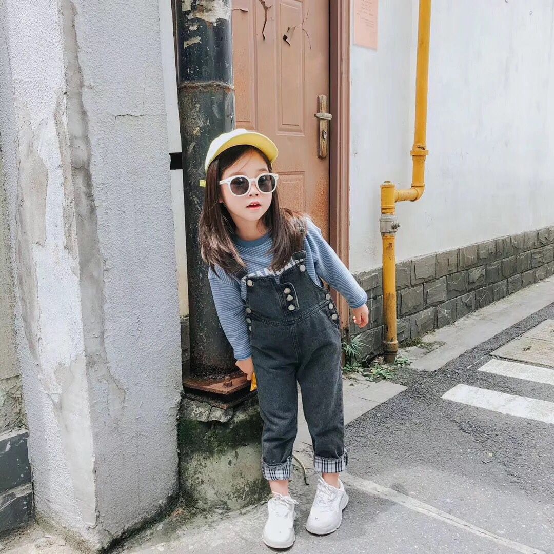 Autumn boys girls patchwork denim overalls children all-match casual suspender trousers