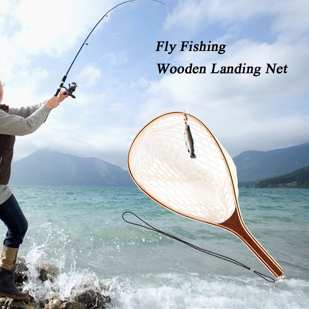 Lixada Fly Fishing Landing Net Wooden Handle Frame Fish Catch and Release Net Portable Lightweight Fishing Tool Accessories