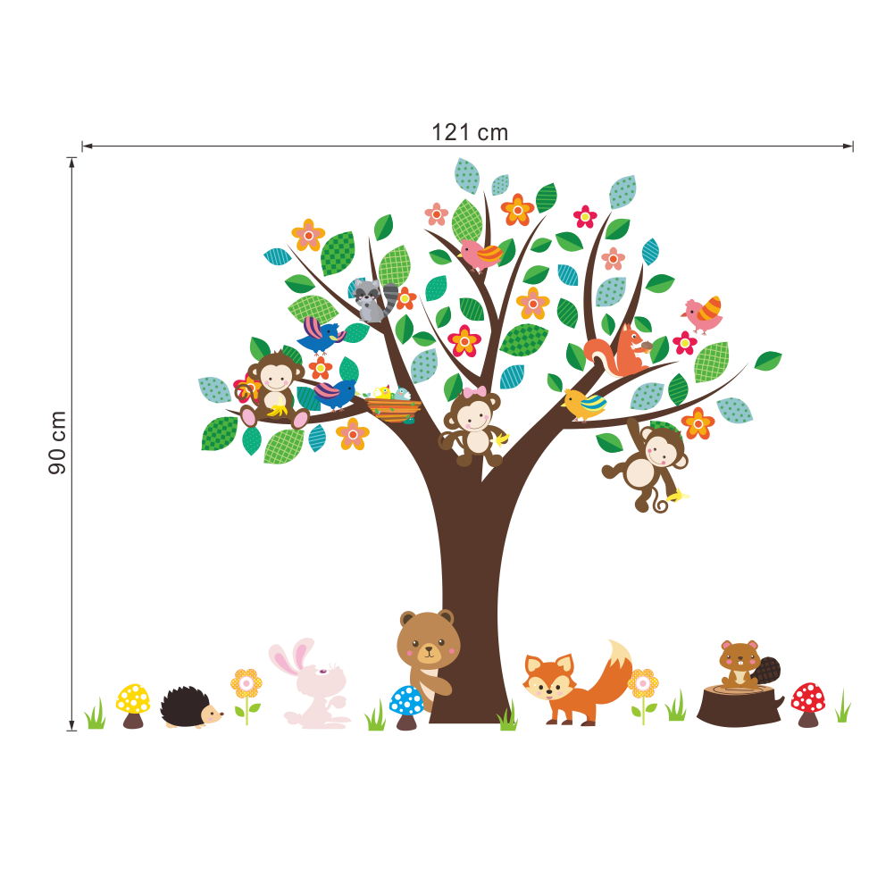 Bos dieren aap play onder bloem boom muursticker voor kids baby nursery kinderkamer decoraties decor thuis decal
