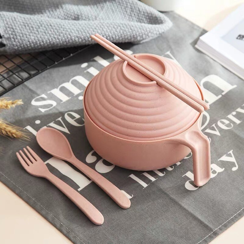 Cuenco de paja de trigo y fideos de estilo japonés, juego de vajilla ecológico con tapa y mango, tazón de sopa, tazón de arroz para ensalada y microondas: Rosa