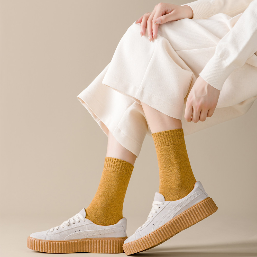 Calcetines de algodón gruesos y cálidos a la de Otoño Invierno señora Casual chica Color sólido calcetines de tubo medio para mujer