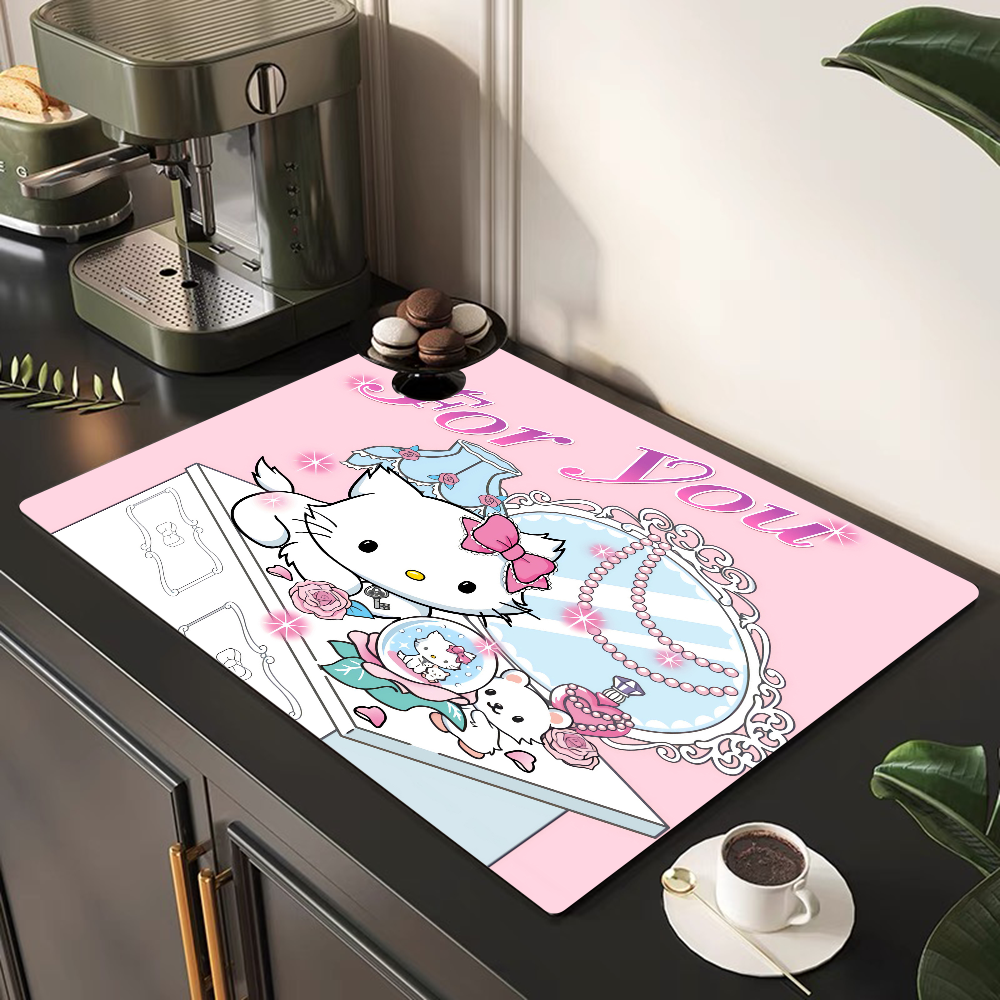 Hello Kitty Printed Dish Drying Mat Super Absorbent Coffee Drain Pad Tableware Quick Dry Rug Kitchen Dinnerware Placemat: 45x70cm / Burgundy