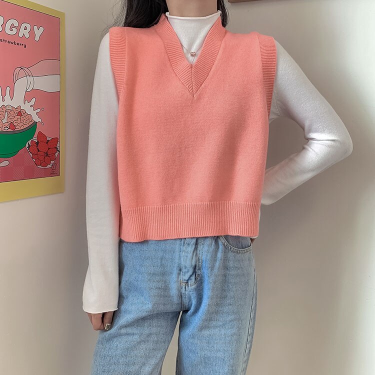 Sweater Vest Women V-neck Solid Knitted All-match Office Ladies Sleeveless Outwear Popular Soft Chic Leisure Korean: apricot