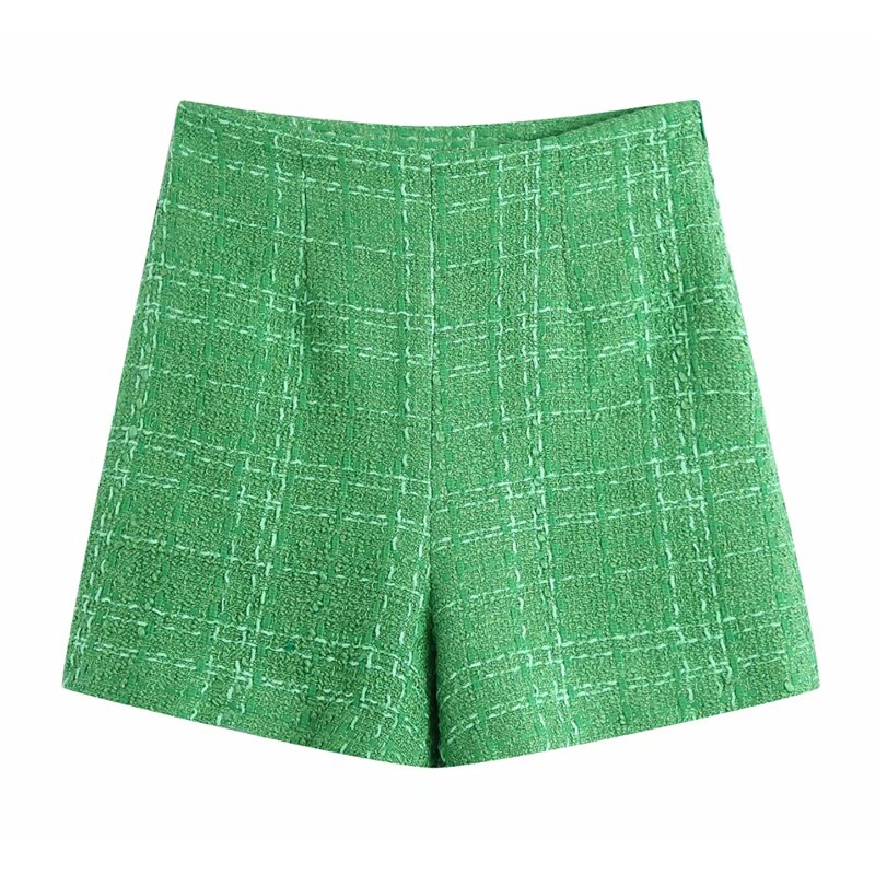 Aonibeier – ensemble de costume en Tweed vert écossais pour femme, blazer ajusté, poches, Style anglais, pantalons courts, tenues urbaines: Green Short / L