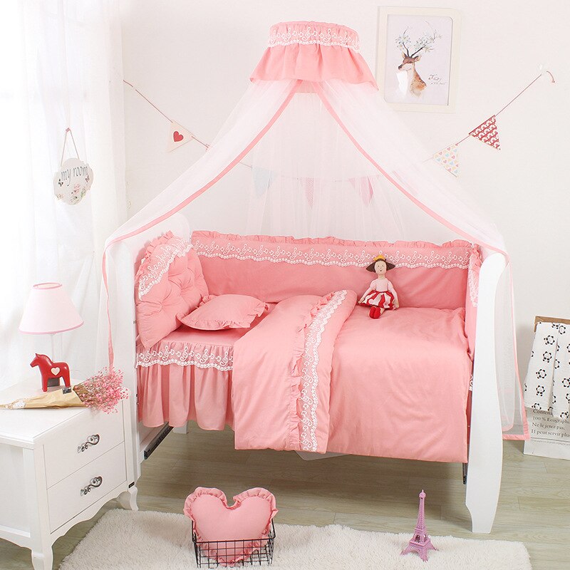 Prinses Stijl Baby Meisjes Cot Rond Protector Katoen Kant Craddle Bumpers Met Liner Platte Lakens Baby Slaapkamer Kussen