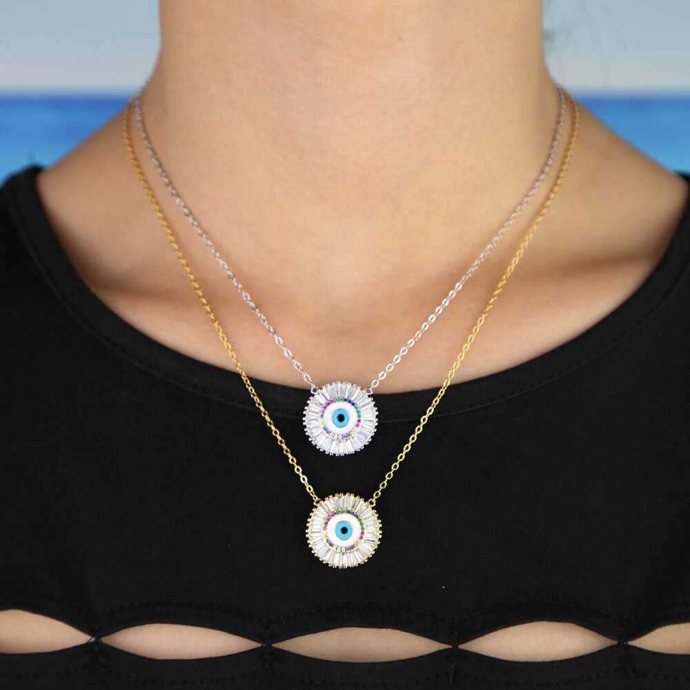 Cz Kettingen Turks Grote Witte Regenboog Stone Evil Eye Ronde Hanger Vrouwen Ketting Meisje Sieraden