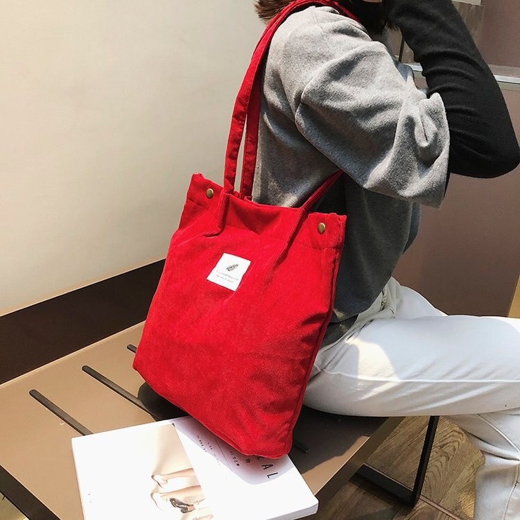 Kvinder corduroy shopping taske kvinders lærred håndtaske skulder magnetisk spænde skuldertaske massenger taske fløjl: Rød